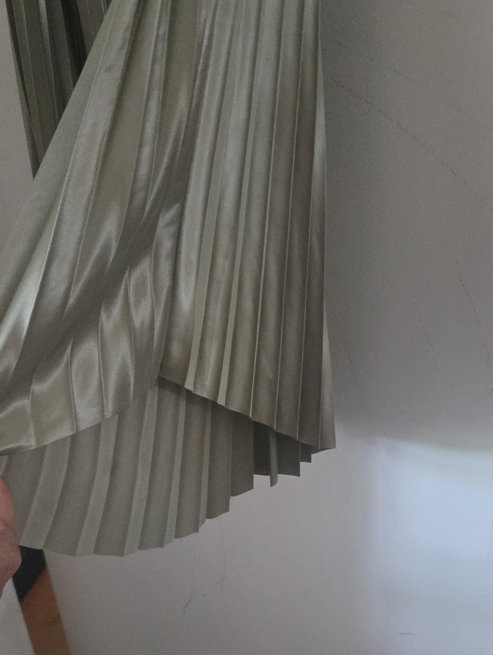Pleated Asymmetric  Metallic Olive Maxi Skirt with Black Waistband